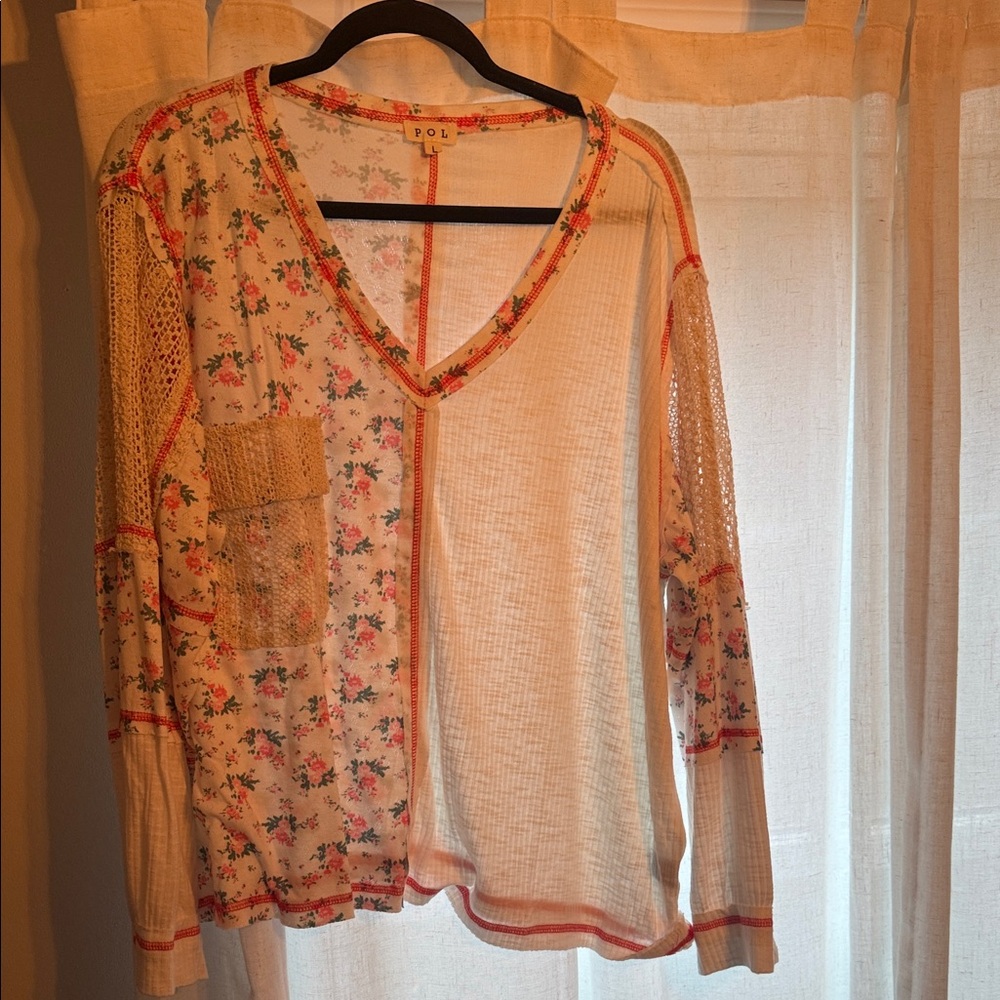 POL Floral Patchwork Blouse - Cream and Red